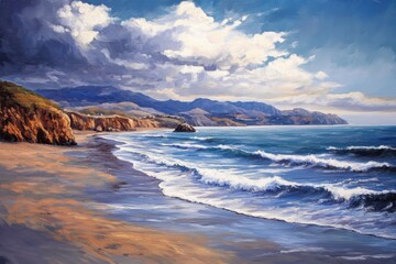 Fototapeta premium Explore the serene beauty of San Francisco's Pacific Ocean beach at sunset with dramatic clouds and gentle waves, Ocean beach San Francisco Pacific seascape California USA