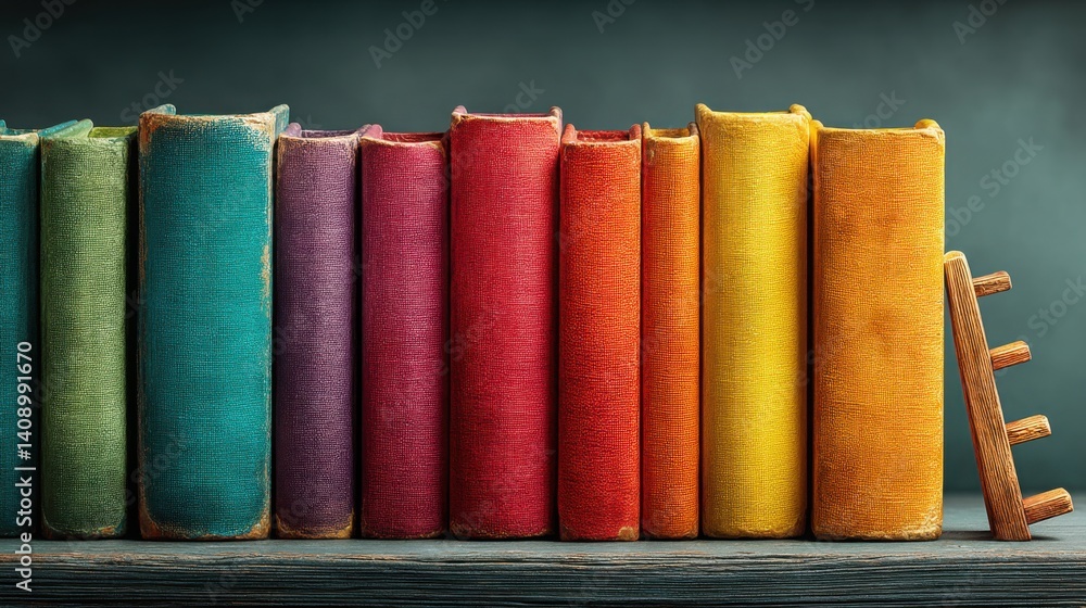Poster series of books arranged in a row representing knowledge and learning in a contemporary library or s