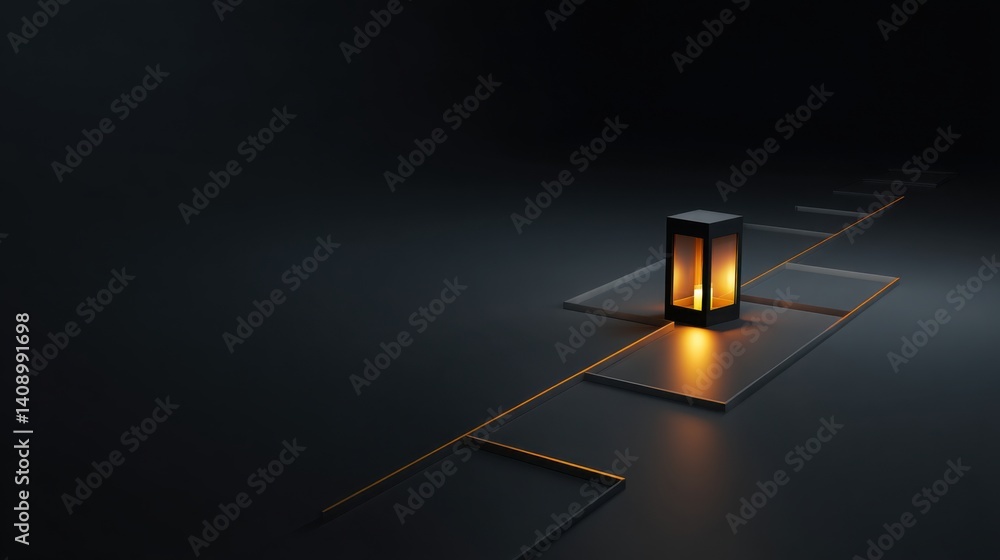 Poster a single lantern glowing brightly on a dark surface illuminating the path for creative workflow and 