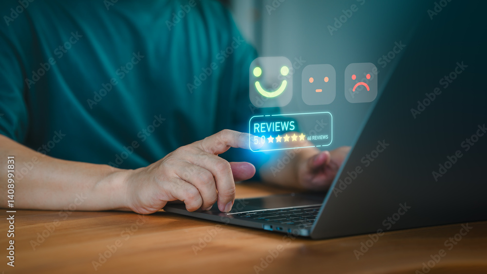 Aufkleber customer gives a 5 star rating on a digital review system using a laptop. business service of custom