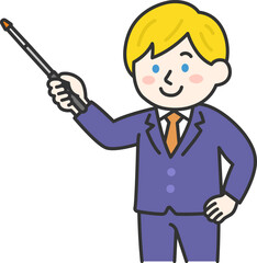 指し棒を使って説明する、スーツ姿の白人男性（線画カラー）のイラスト