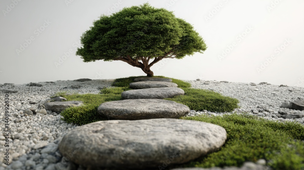 Poster tree growing resiliently on a rock representing the gentle scaling concept of nature and patience in