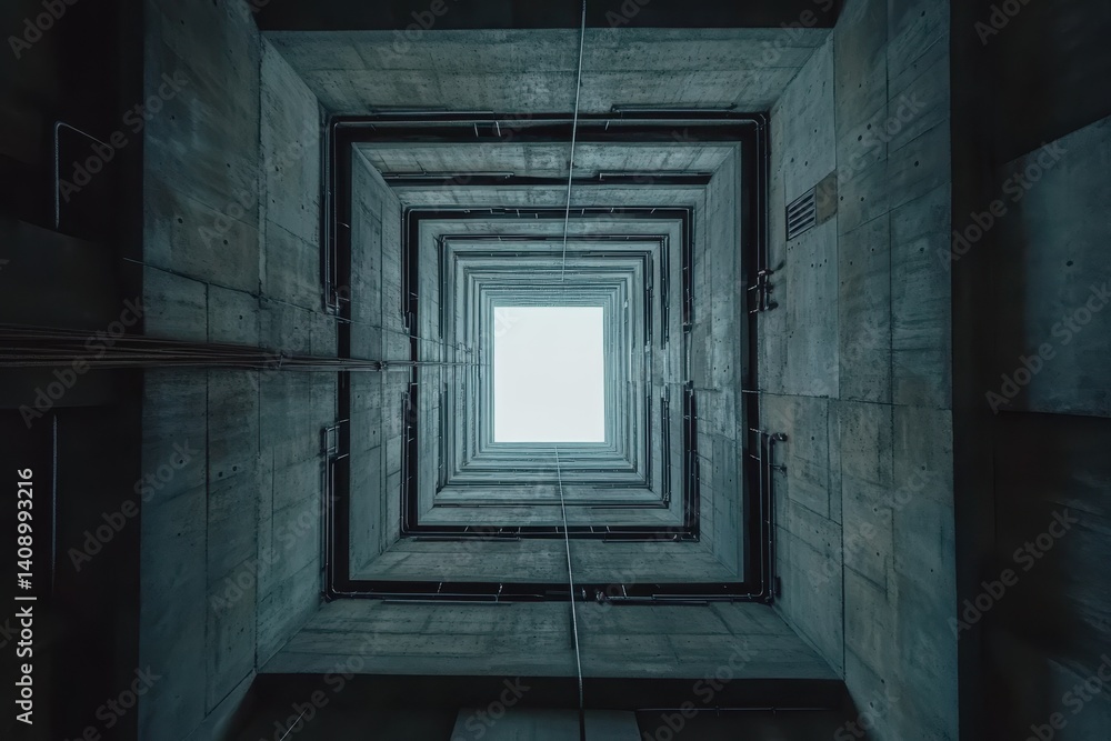 Poster view from inside a newly constructed concrete elevator shaft showcasing modern architecture and desi