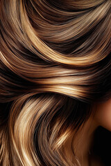 Naklejka premium smooth, glossy brown hair cascading in soft waves, reflecting light to showcase its rich texture and shine.