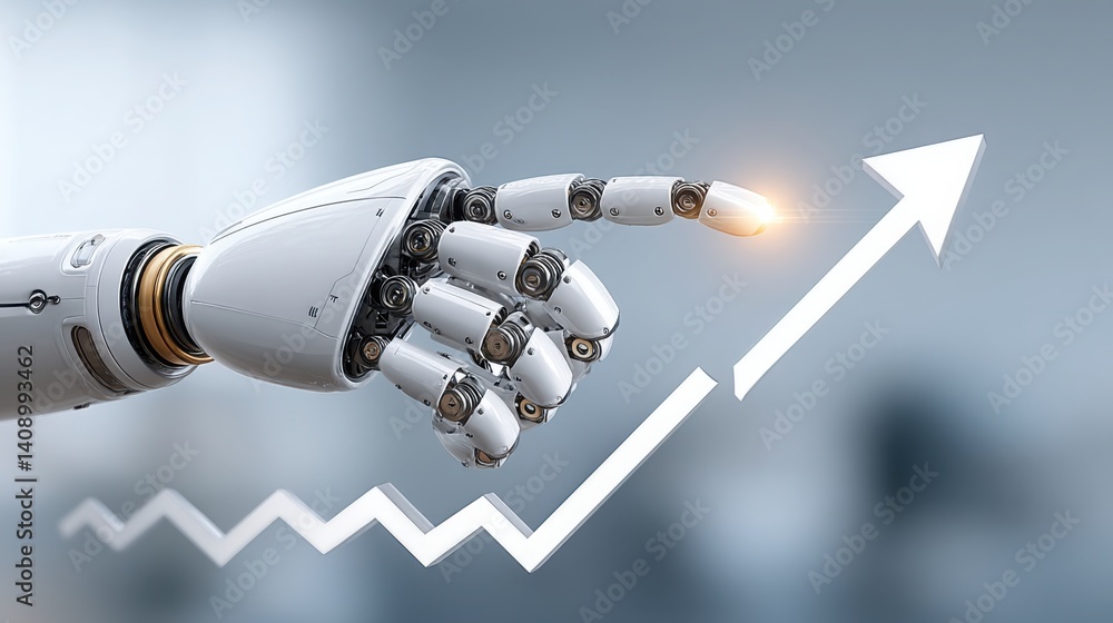 Aufkleber robotic hand gently tapping a glowing financial graph arrow indicating growth and progress in techno