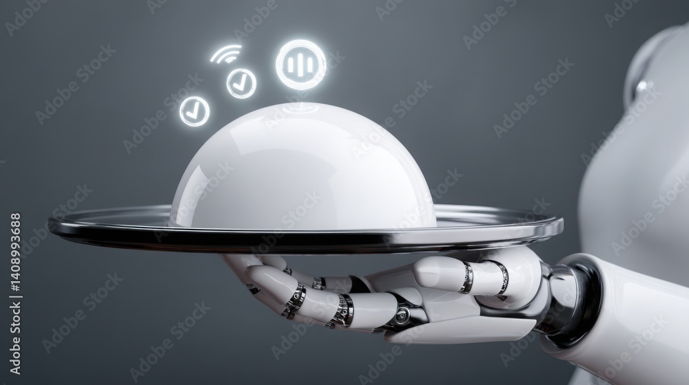Poster robot holding a plate with payment confirmation icons on a tray representing efficient service and a