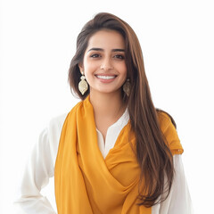 young woman wearing salwar kameez in office manager with curly hair