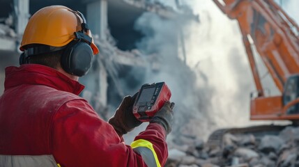 A demolition supervisor monitoring controlled building deconstruction with a remote device. Featuring precision and oversight