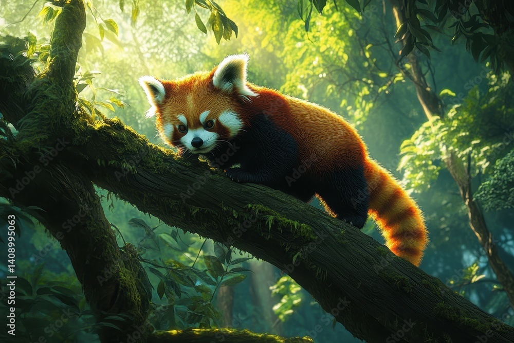 Poster red panda explores a lush forest while walking gracefully on a tree branch, red panda walking on the
