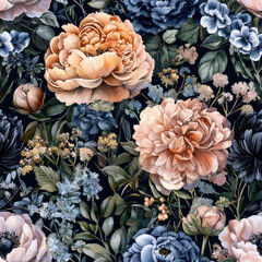 Vintage floral motifs in muted watercolor shades forming seamless summer pattern background