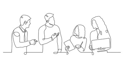 One line drawing of office business meeting of two men and two women

