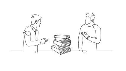 One line drawing of two men's office business meeting with a stack of books between them

