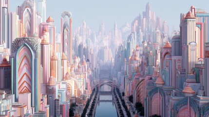 Futuristic Metropolis Landscape in Art Deco Style Featuring Chevron Designs and Backlit Effects, Showcasing Highly Detailed Pastel Colors and a Peaceful Atmosphere in Impressive 8K Quality