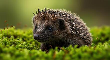 Adorable hedgehog foraging in a lush green mossy forest environment