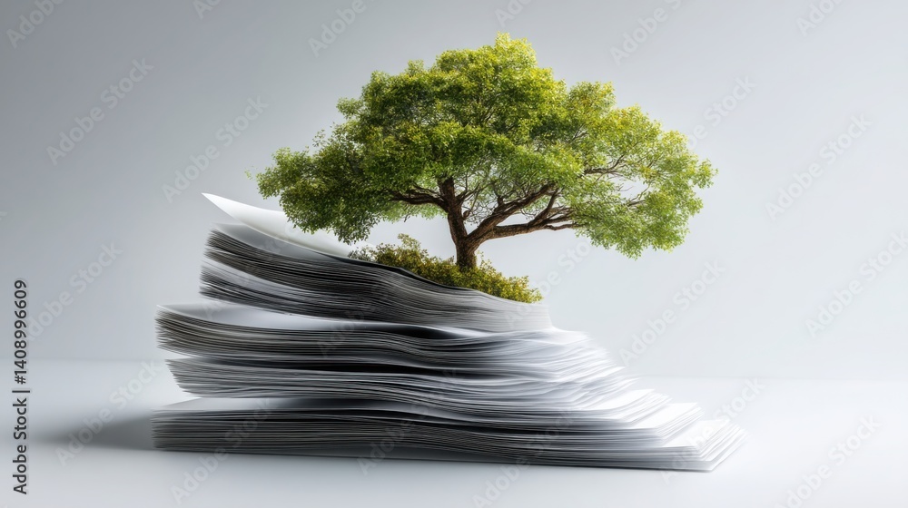 Poster stack of documents rising to tree concept representing layered learning and growth in knowledge and 