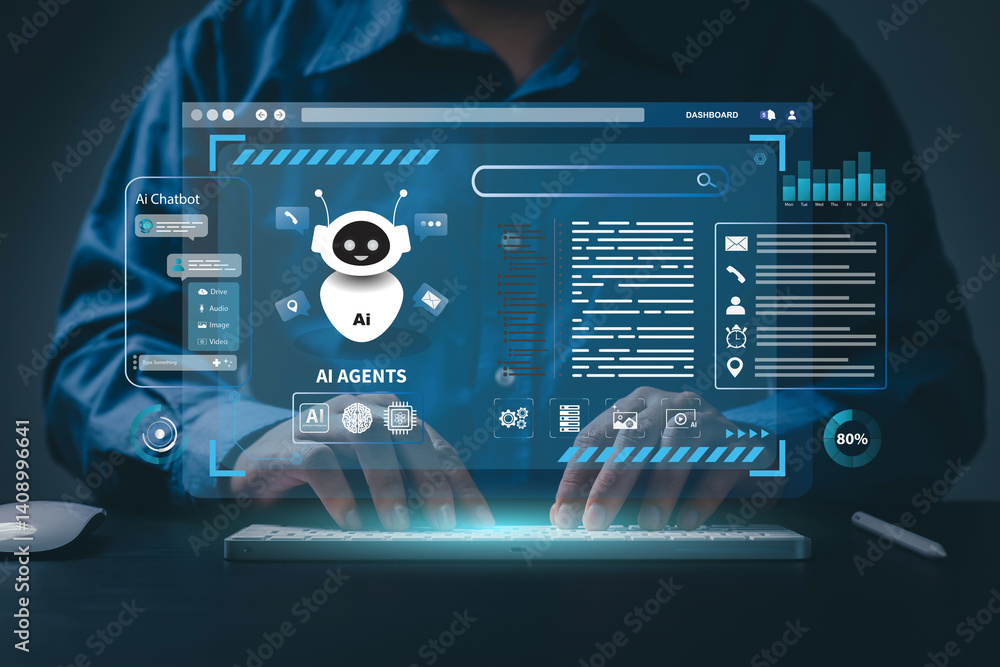 Poster ai agent and generative artificial intelligence concept. businessman using ai agents on screen, incl