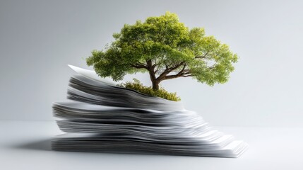 Stack of documents rising to tree concept representing layered learning and growth in knowledge and understanding