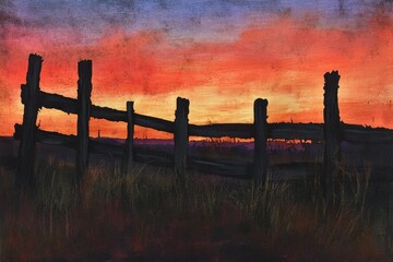 Fototapeta premium Border fence silhouettes against vibrant sunset hues in the open landscape, Border fence at sunset