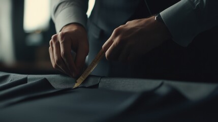 Tailor measuring fabric for a custom suit. Featuring precision and craftsmanship