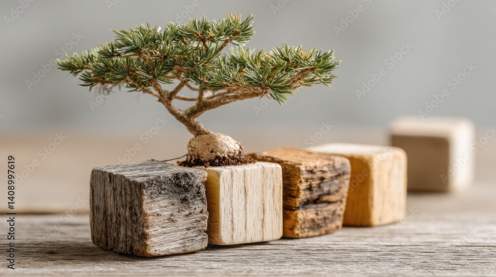Poster tree growing from progress blocks symbolizing rooted expansion and personal development with a conce