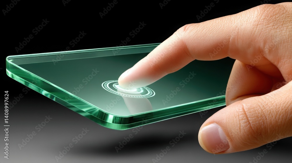 Poster touchscreen tap approving floating financial form with modern technology in a digital environment fo