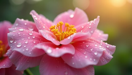 Fototapeta premium Beautiful Pink Flower with Dew Drops in Soft Light at Sunrise or Sunset