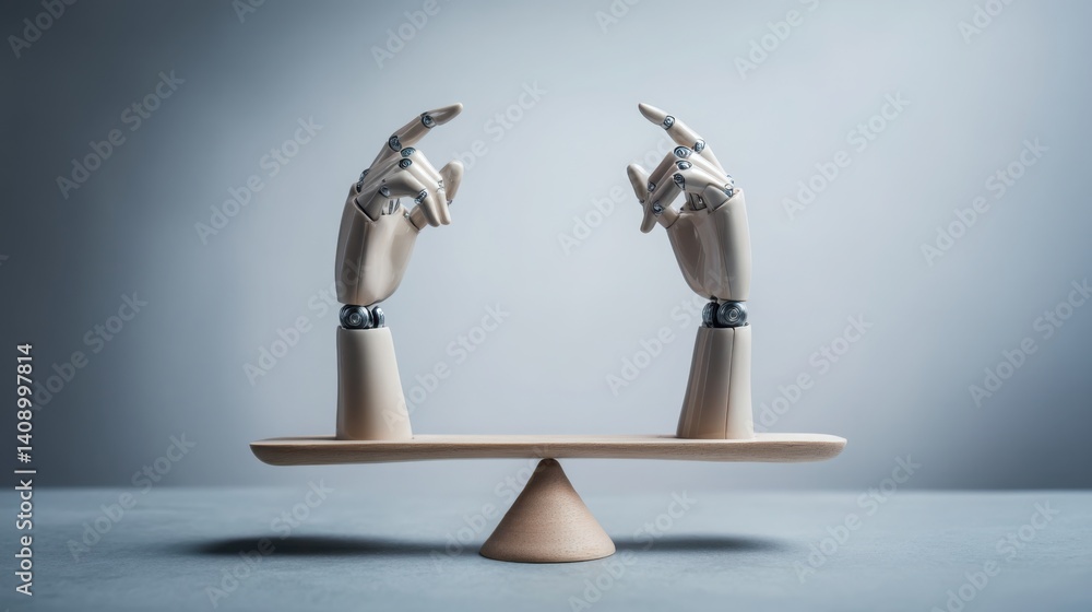 Poster virtual ai hands skillfully balancing a success scale indicating fairness and equality in digital re