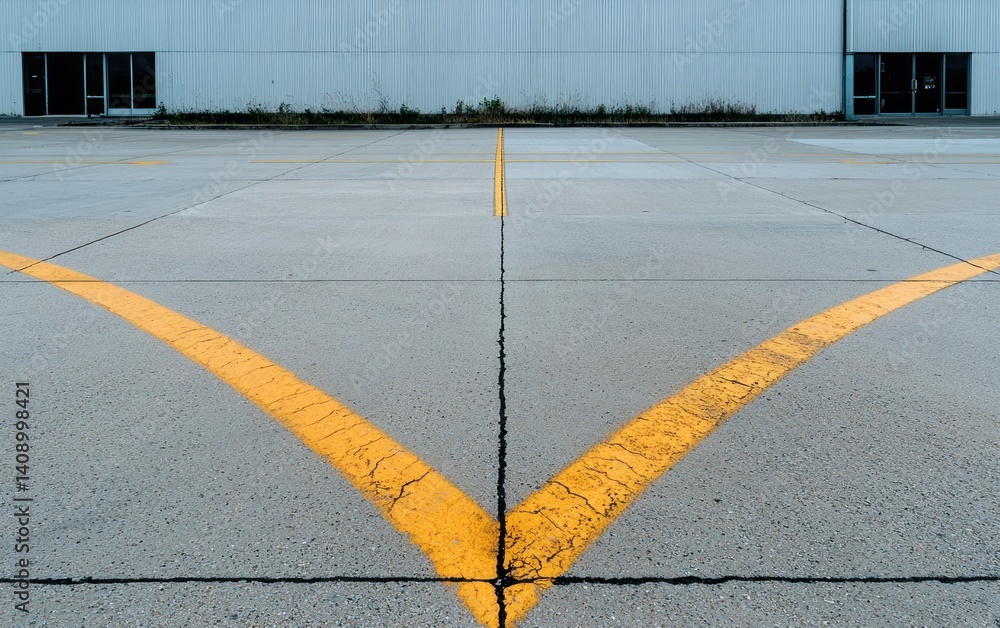 Poster abstract gray asphalt with yellow v-shaped lines and weathered building background