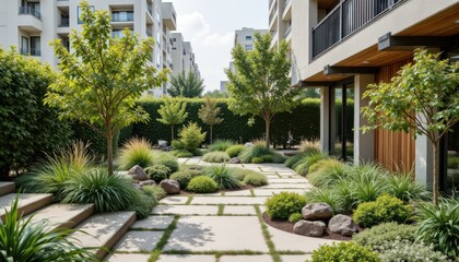 Obraz premium A garden design that embodies simplicity, vitality, and sustainable practices for urban living.
