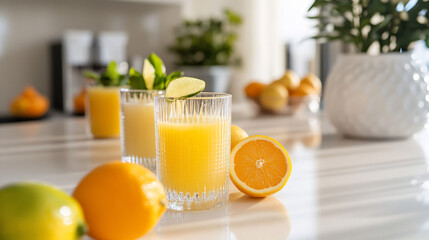 Chic modern juice bar featuring freshly squeezed citrus juices like orange lemon lime juices presented elegant glasses garnishes set against clean white countertop evoking a sleek and fresh atmosphere