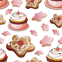 Seamless Pattern with Cupcakes and Iced Cookies. Sweet Dessert Repeat Design with Cupcakes and Star Cookies