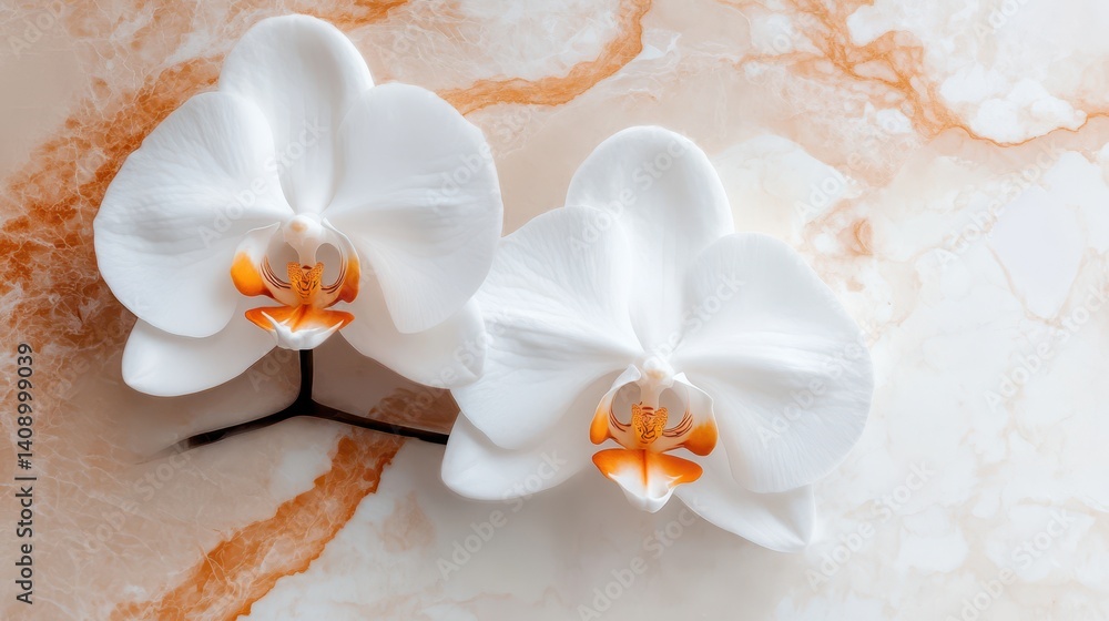 Poster two elegant white orchids displayed on a sleek marble table surface.