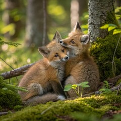 Fototapeta premium Wild cubs of red foxes cuddle in the forest