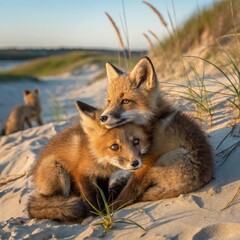 Fototapeta premium Wild cubs of red foxes cuddle on the beach
