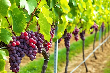 A lush vineyard, showcasing ripe purple grapes, with vibrant green leaves bathed in sunlight