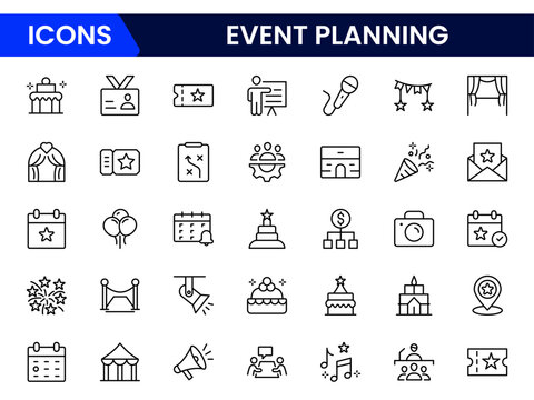 Vector illustration web line icon collection featuring event planning symbols like calendar, checklist, budget, venue, invitations, and party details.