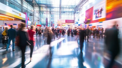 A bustling trade show atmosphere filled with people engaging, networking, and exploring various displays and products.