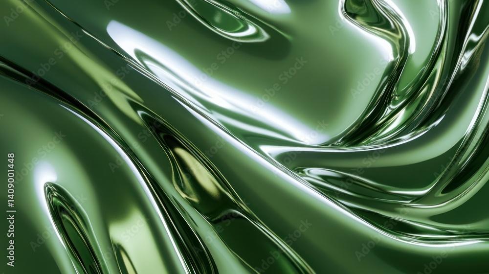Poster a captivating green reflective surface that flows and undulates, creating an abstract visual experie