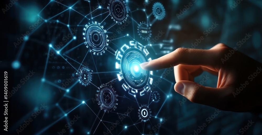 Poster a close-up image of a hand interacting with a digital interface, showcasing futuristic technology an