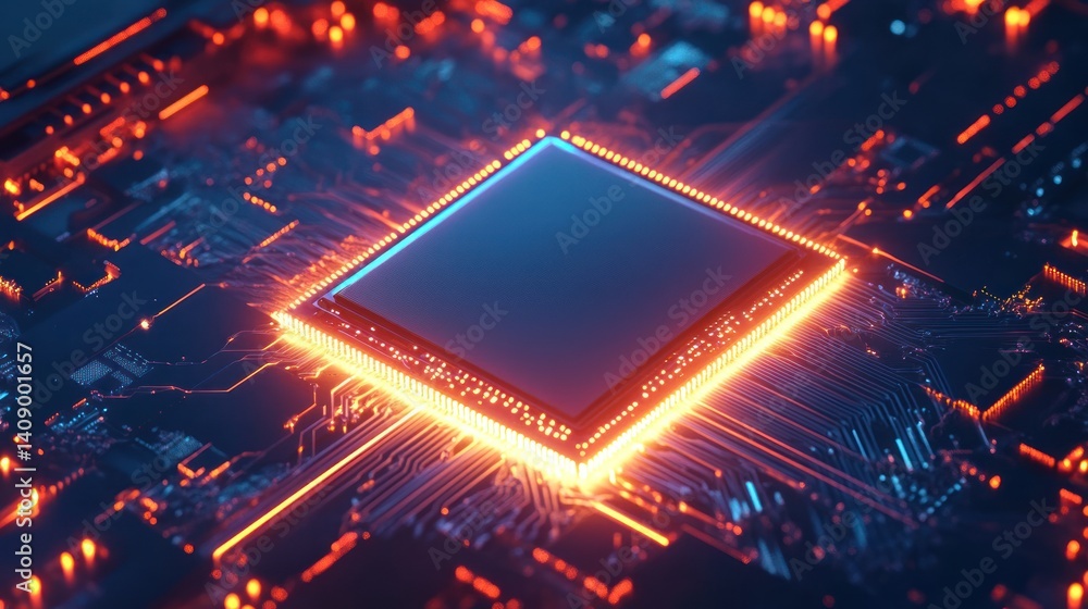 Poster a close-up of a glowing microchip on a circuit board, showcasing advanced technology and intricate d