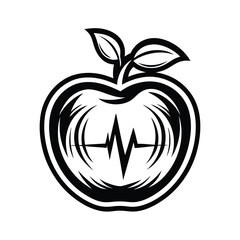 Apple Silhouette with Heartbeat Line Art, Black and White Medical Design, Isolated Shape