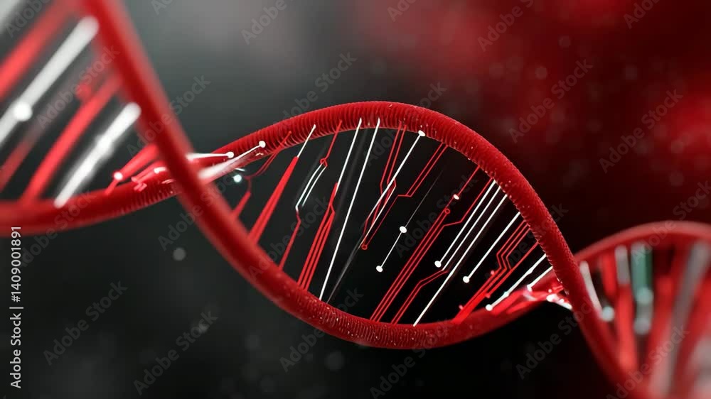 Aufkleber futuristic fusion of biology and technology red and black dna strands intertwined with digital circu