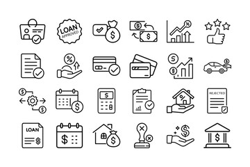 Loan, Credit, and Finance Icon Set – Banking, Approval, and Money Management Graphics

