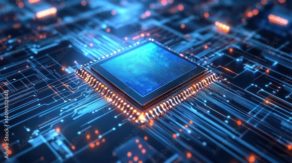 Poster a close-up view of a microchip surrounded by glowing circuitry, showcasing modern technology and dig