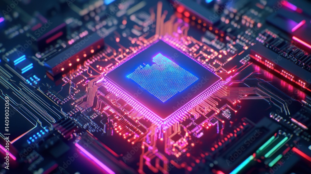 Poster a close-up view of a vibrant and intricate microchip with colorful circuitry, illustrating the essen