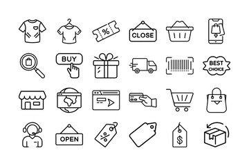 E-commerce & Shopping Icon Set – Retail, Online Store, Payment, Delivery, and Discount Line Icons

