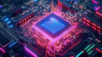 Obraz premium A close-up view of a vibrant and intricate microchip with colorful circuitry, illustrating the essence of advanced technology.