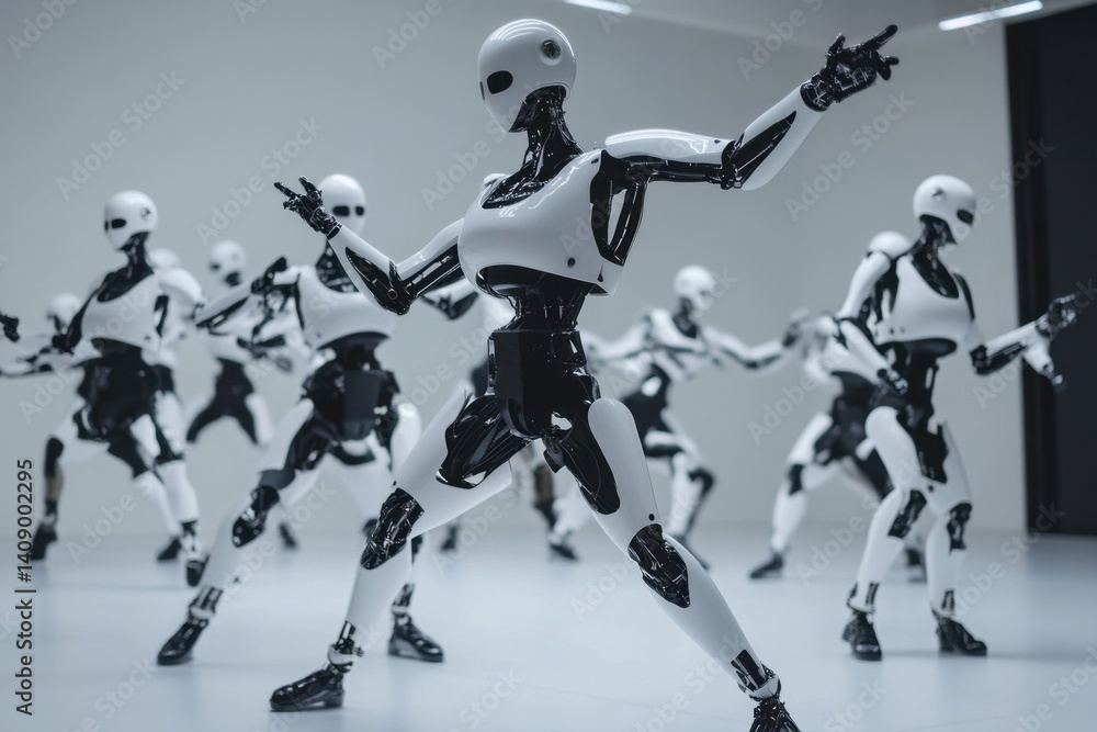 Poster robots engaging in synchronized dance routine in a modern studio setting, artificial intelligence pe