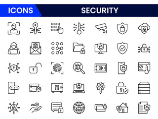 Vector illustration web line icon collection showcasing security elements such as shield, lock, password, surveillance camera, firewall, encryption, fingerprint, antivirus, and secure access.