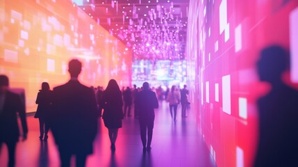 A diverse group of professionals walking through a vibrant, illuminated space, symbolizing innovation and collaboration.